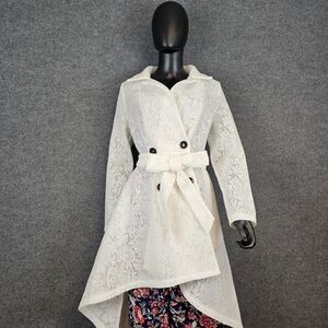 CO BY CQ Ethereal White Lace Hi- Lo Trench Coat - Rare Find! Size Large